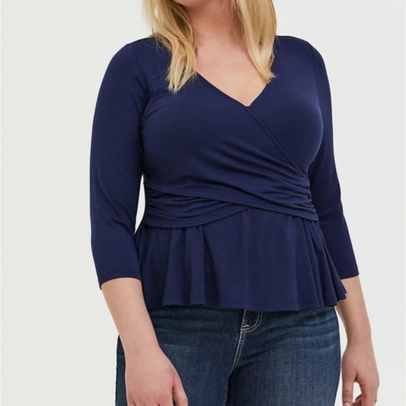 torrid Tops - NWOT! TORRID SUPER SOFT NAVY SURPLICE PEPLUM MIDI TOP 5X